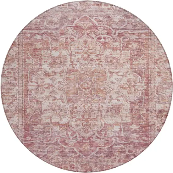 8' Rust And Ivory Round Floral Medallion Washable Indoor Outdoor Area Rug Photo 1