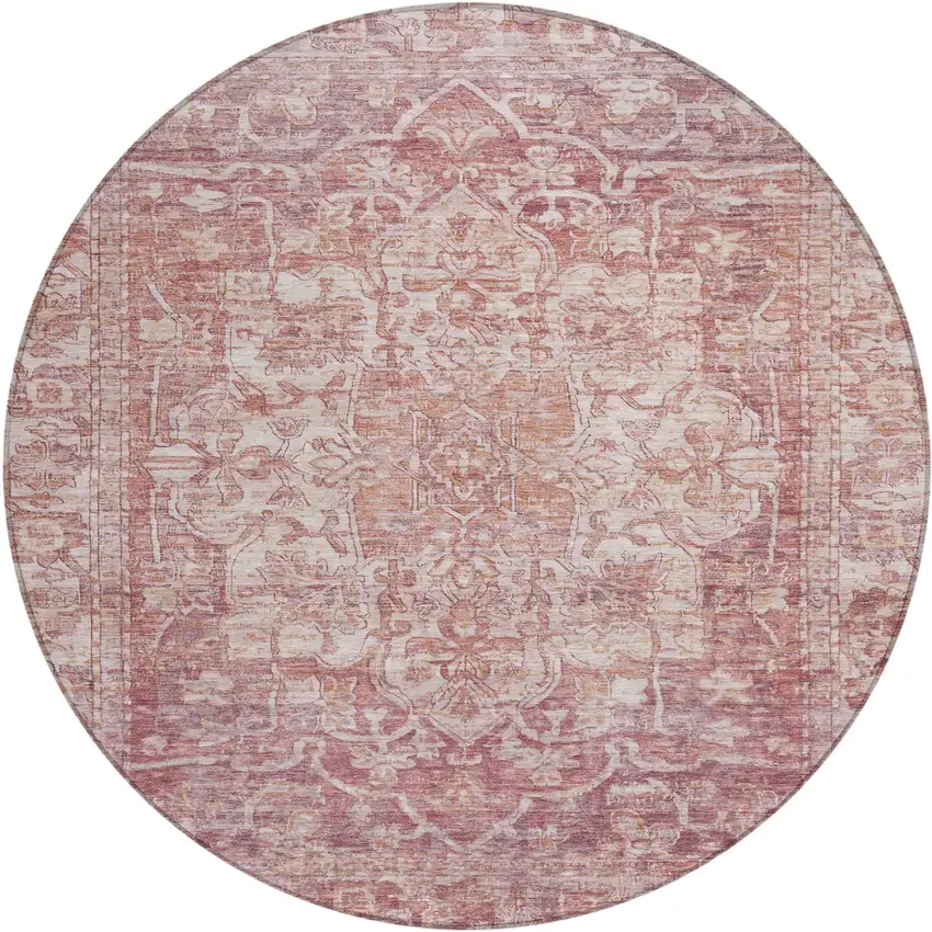 8' Rust And Ivory Round Floral Medallion Washable Indoor Outdoor Area Rug Photo 1