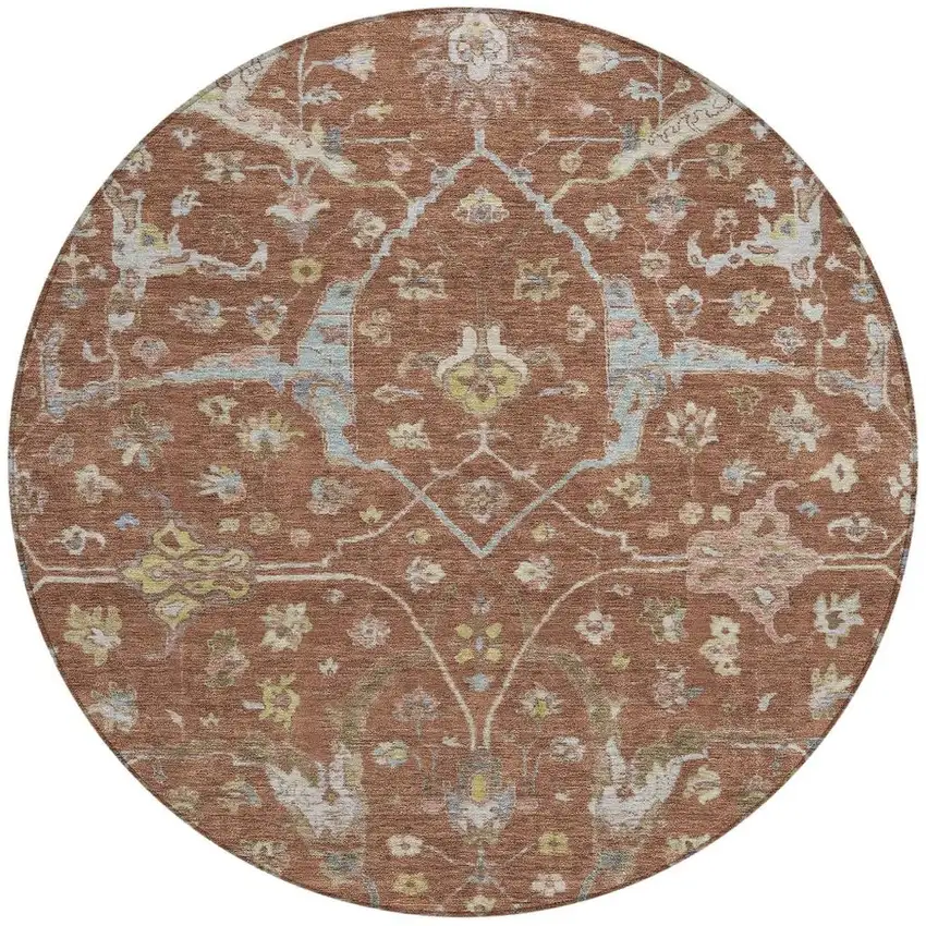 8' Rust And Ivory Round Floral Washable Indoor Outdoor Area Rug Photo 4