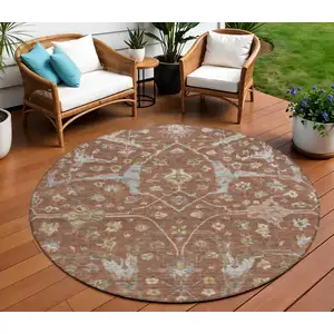 Photo of 8' Rust And Ivory Round Floral Washable Indoor Outdoor Area Rug