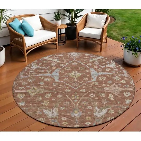 8' Rust And Ivory Round Floral Washable Indoor Outdoor Area Rug Photo 1