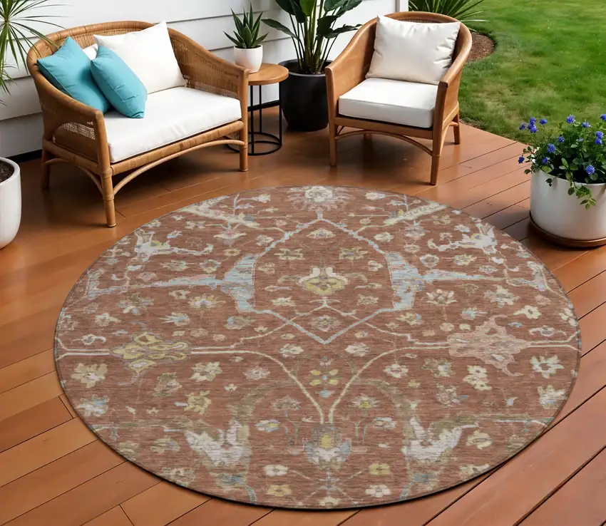 8' Rust And Ivory Round Floral Washable Indoor Outdoor Area Rug Photo 1