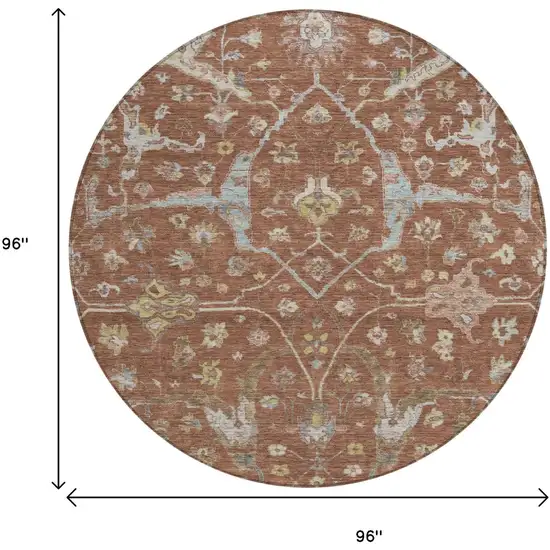 8' Rust And Ivory Round Floral Washable Indoor Outdoor Area Rug Photo 3