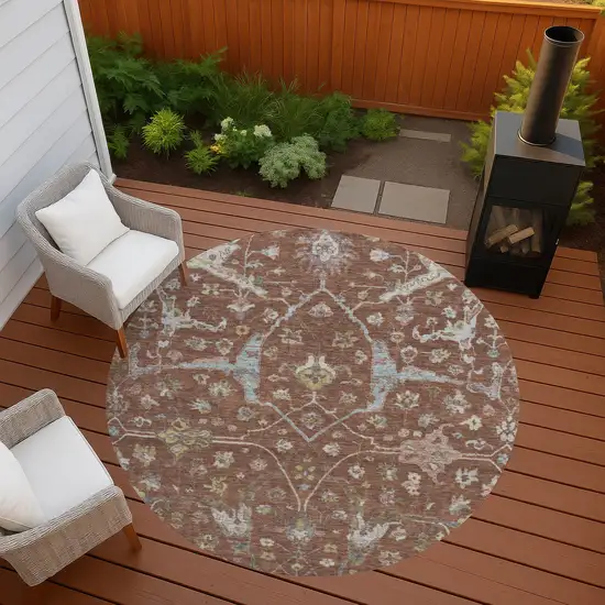 8' Rust And Ivory Round Floral Washable Indoor Outdoor Area Rug Photo 8