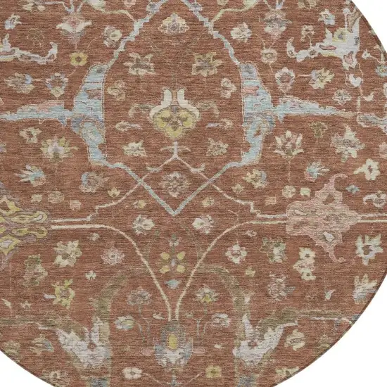 8' Rust And Ivory Round Floral Washable Indoor Outdoor Area Rug Photo 6