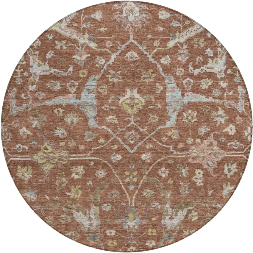 8' Rust And Ivory Round Floral Washable Indoor Outdoor Area Rug Photo 2