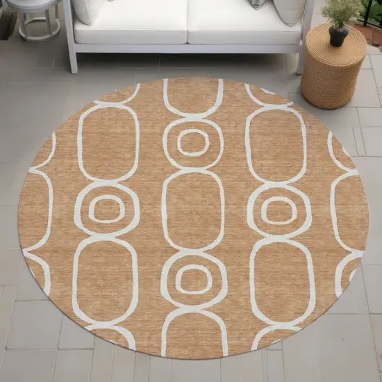 8' Rust And Ivory Round Geometric Washable Indoor Outdoor Area Rug Photo 7