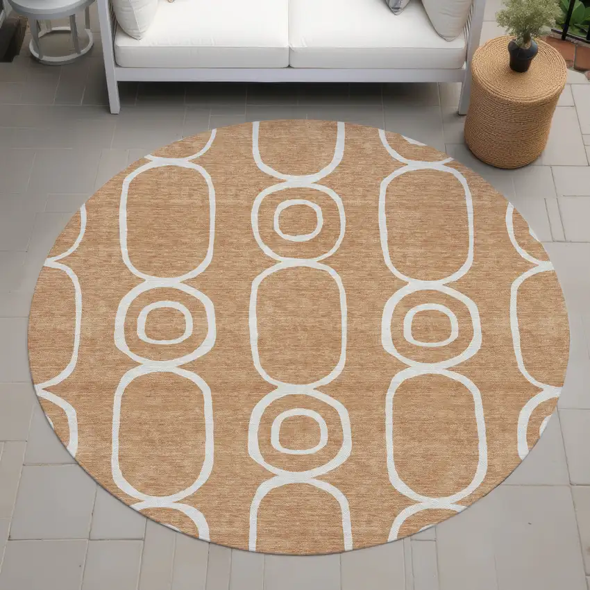 8' Rust And Ivory Round Geometric Washable Indoor Outdoor Area Rug Photo 7