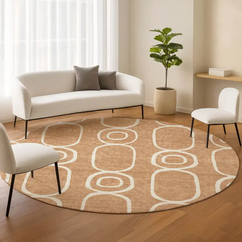 8' Rust And Ivory Round Geometric Washable Indoor Outdoor Area Rug Photo 8