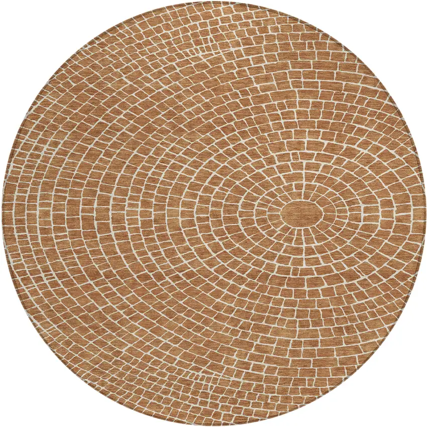 8' Rust And Ivory Round Geometric Washable Indoor Outdoor Area Rug Photo 1