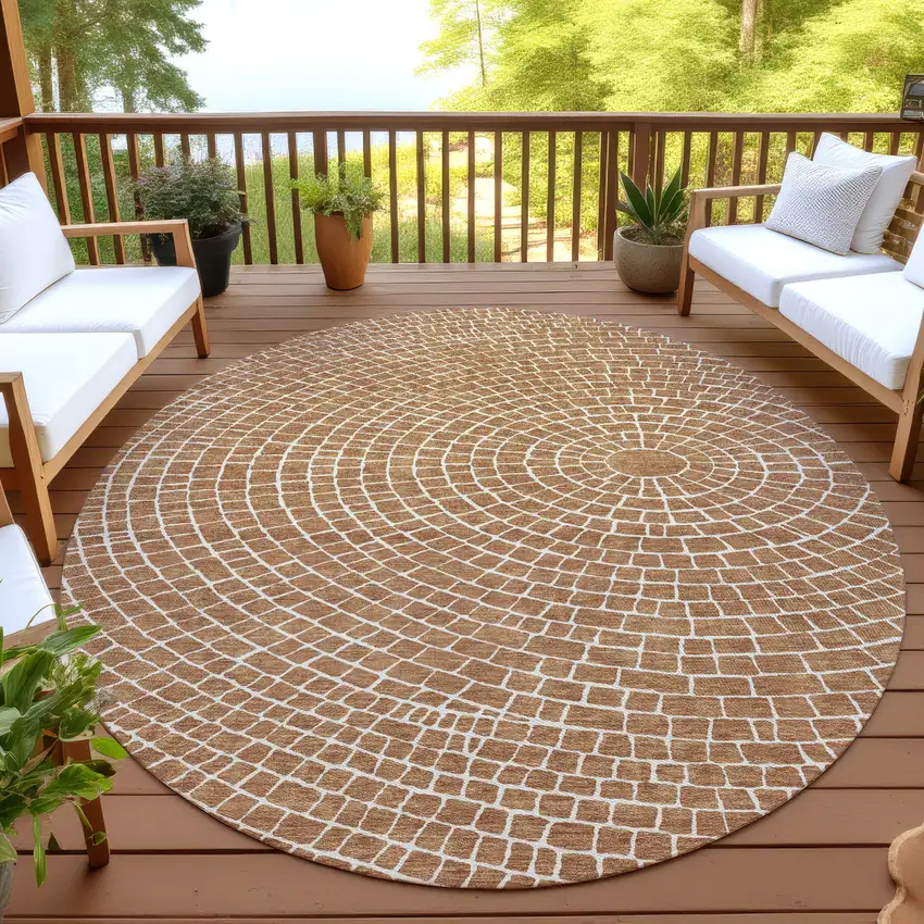 8' Rust And Ivory Round Geometric Washable Indoor Outdoor Area Rug Photo 4
