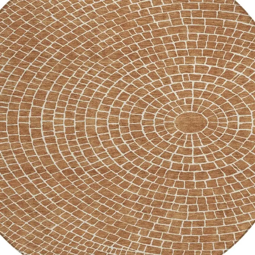 8' Rust And Ivory Round Geometric Washable Indoor Outdoor Area Rug Photo 2
