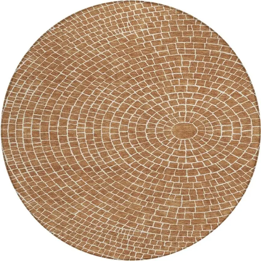 8' Rust And Ivory Round Geometric Washable Indoor Outdoor Area Rug Photo 3