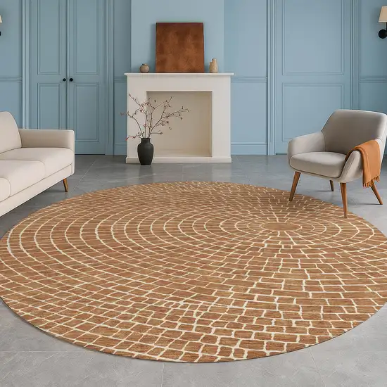 8' Rust And Ivory Round Geometric Washable Indoor Outdoor Area Rug Photo 5