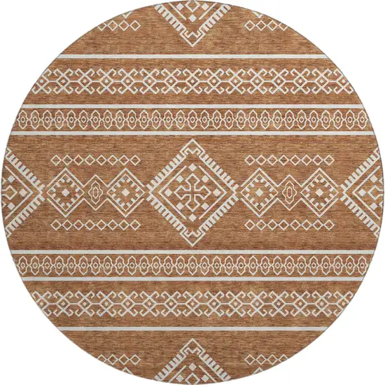 8' Rust And Ivory Southwestern Washable Round Rug With UV Protection Photo 1
