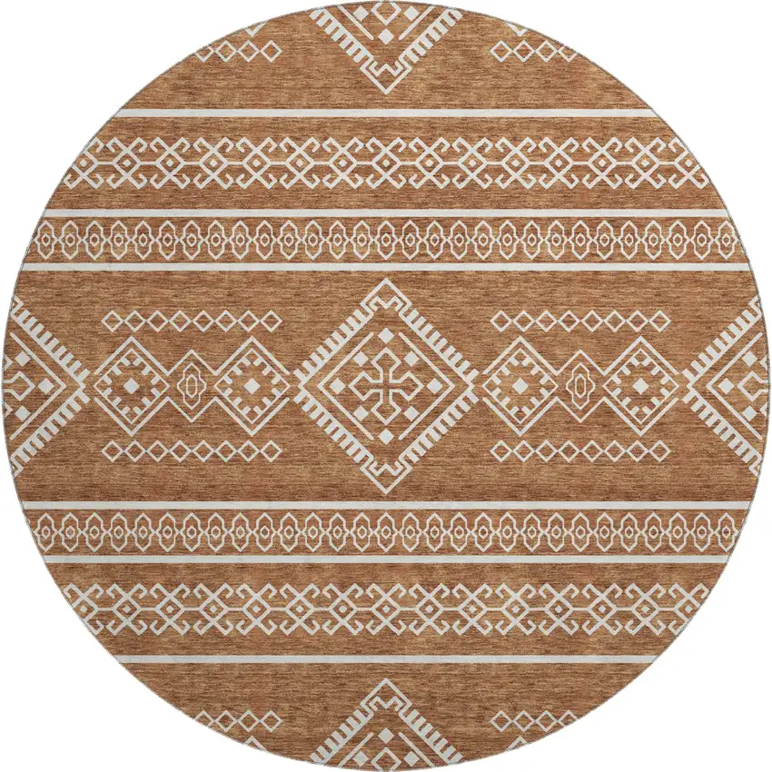 8' Rust And Ivory Southwestern Washable Round Rug With UV Protection Photo 1