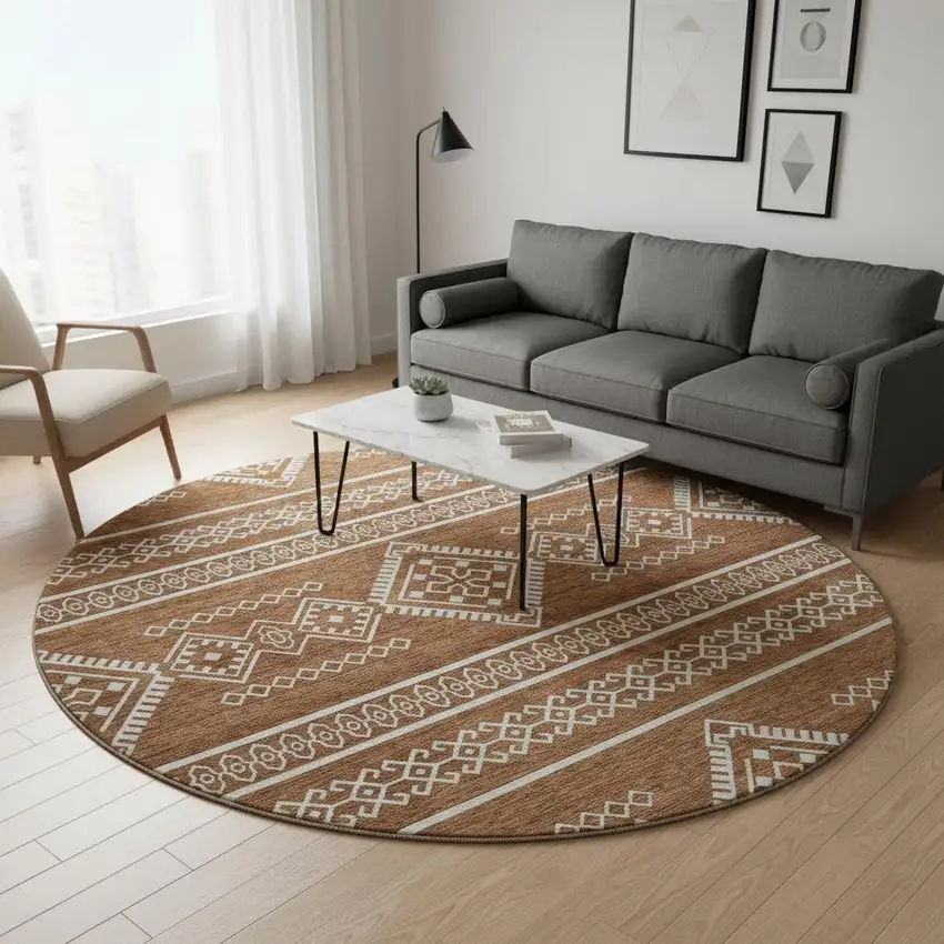 8' Rust And Ivory Southwestern Washable Round Rug With UV Protection Photo 2