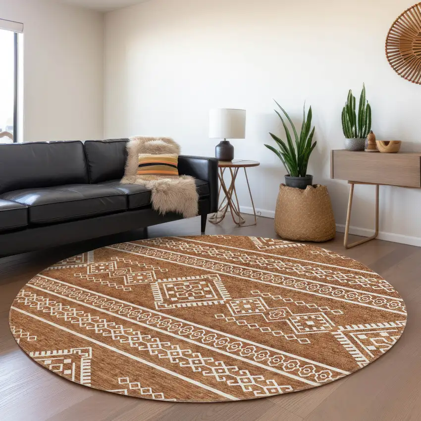 8' Rust And Ivory Southwestern Washable Round Rug With UV Protection Photo 5