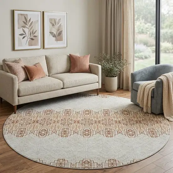 8' Rust And Ivory Southwestern Washable Round Rug With UV Protection Photo 1