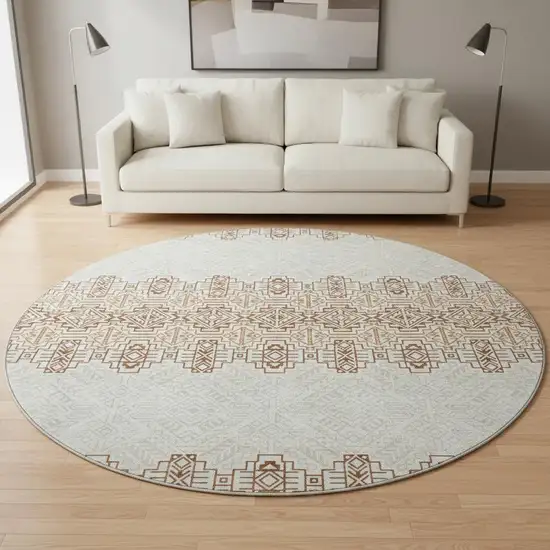 8' Rust And Ivory Southwestern Washable Round Rug With UV Protection Photo 2