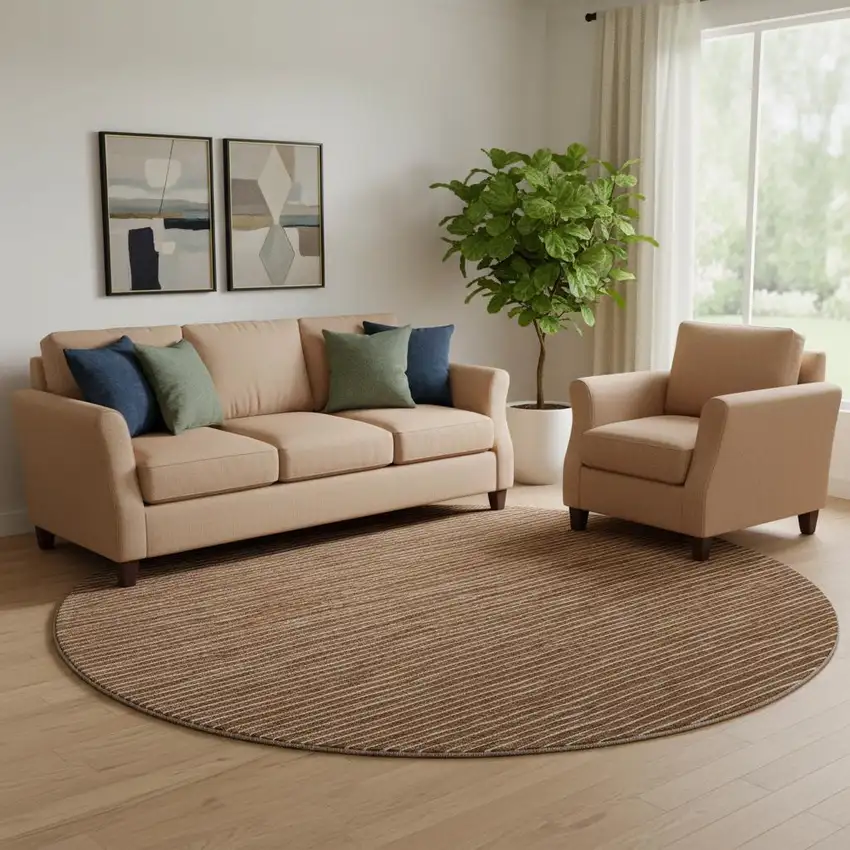 8' Rust And Ivory Striped Washable Round Rug With UV Protection Photo 1