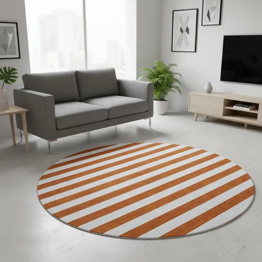 8' Rust And Ivory Striped Washable Round Rug With UV Protection Photo 2