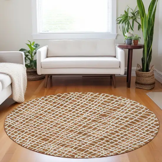 8' Rust And Ivory Striped Washable Round Rug With UV Protection Photo 4