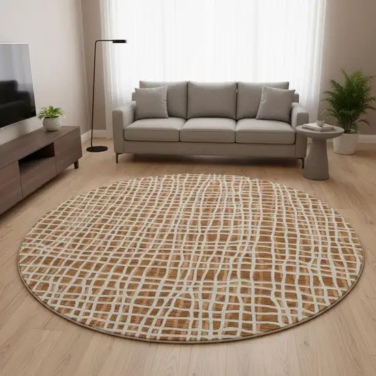 8' Rust And Ivory Striped Washable Round Rug With UV Protection Photo 2