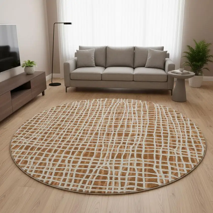 8' Rust And Ivory Striped Washable Round Rug With UV Protection Photo 2