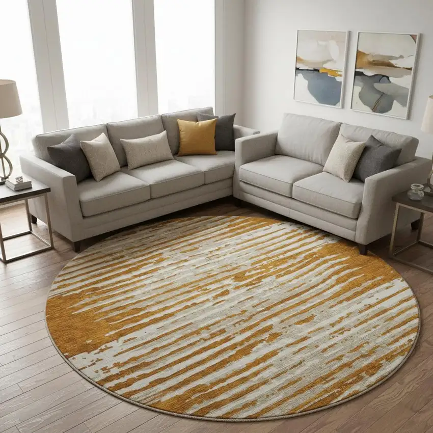 8' Rust And Ivory Striped Washable Round Rug With UV Protection Photo 2