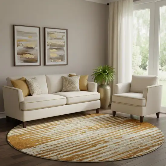 8' Rust And Ivory Striped Washable Round Rug With UV Protection Photo 1