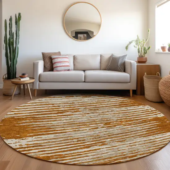 8' Rust And Ivory Striped Washable Round Rug With UV Protection Photo 5