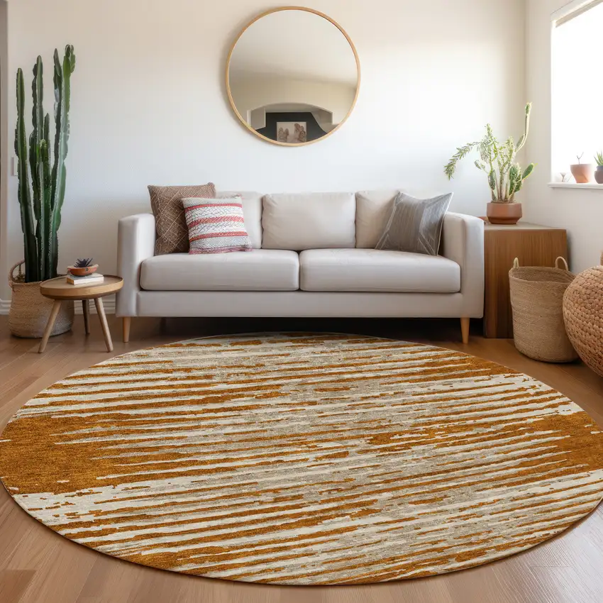 8' Rust And Ivory Striped Washable Round Rug With UV Protection Photo 5