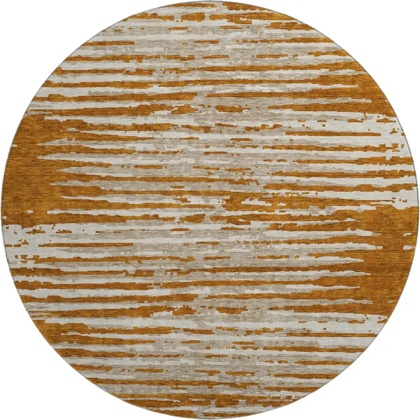 8' Rust And Ivory Striped Washable Round Rug With UV Protection Photo 1