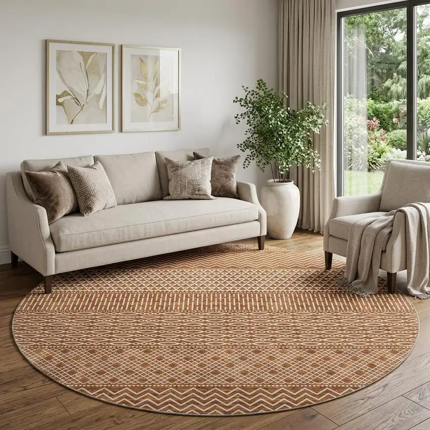 8' Rust And Ivory Striped Washable Round Rug With UV Protection Photo 1