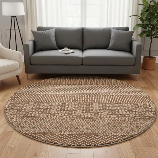 8' Rust And Ivory Striped Washable Round Rug With UV Protection Photo 2
