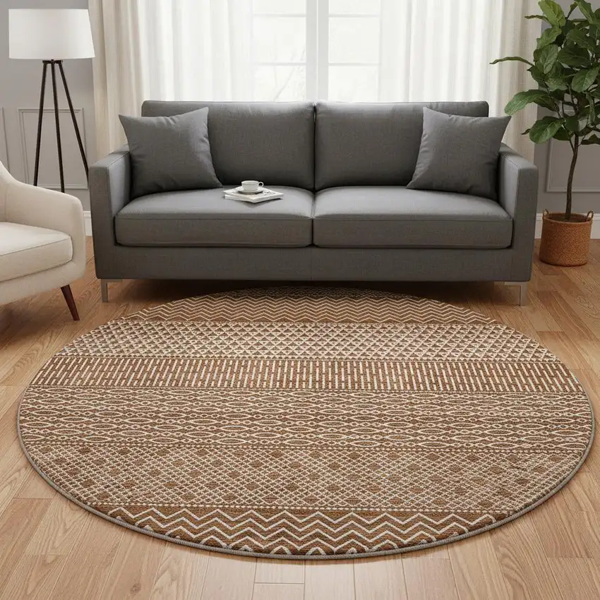 8' Rust And Ivory Striped Washable Round Rug With UV Protection Photo 2