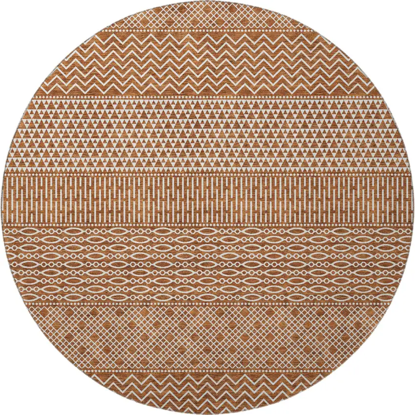 8' Rust And Ivory Striped Washable Round Rug With UV Protection Photo 3