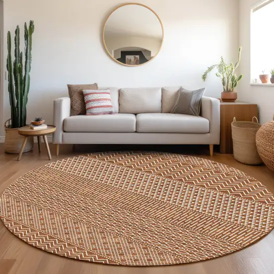 8' Rust And Ivory Striped Washable Round Rug With UV Protection Photo 4