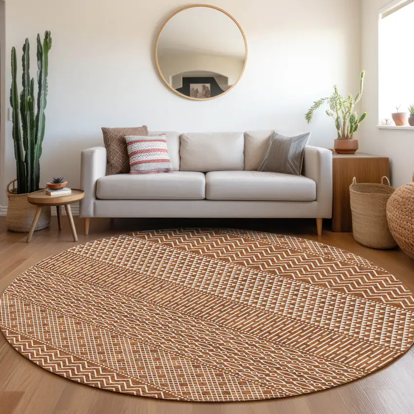 8' Rust And Ivory Striped Washable Round Rug With UV Protection Photo 4