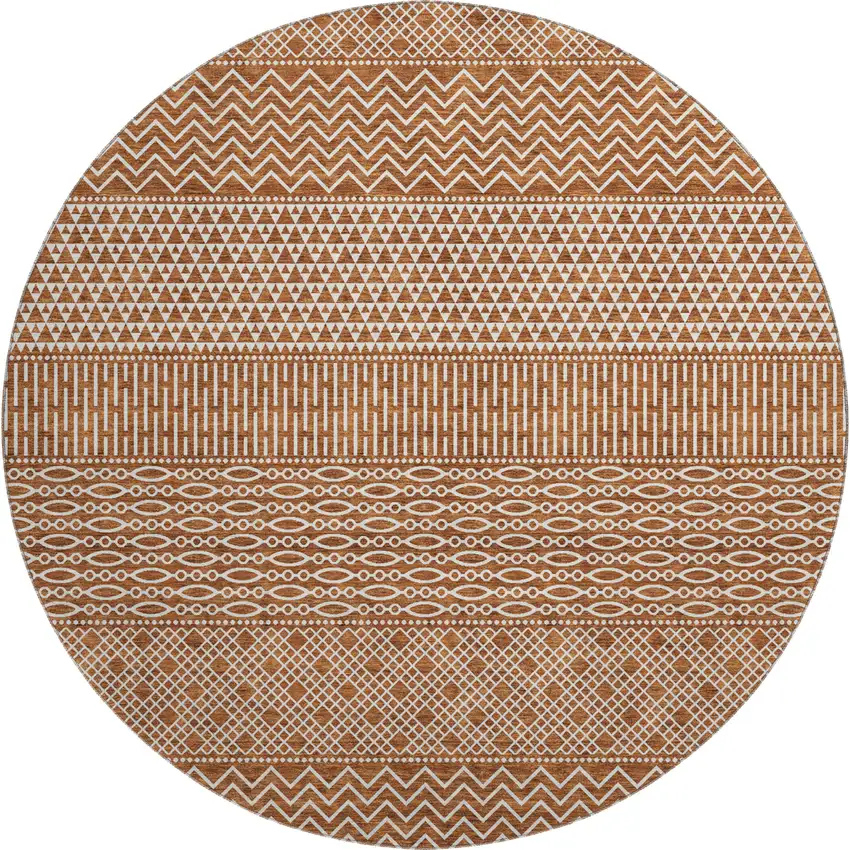 8' Rust And Ivory Striped Washable Round Rug With UV Protection Photo 1