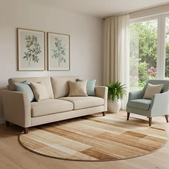 8' Rust And Ivory Striped Washable Round Rug With UV Protection Photo 2