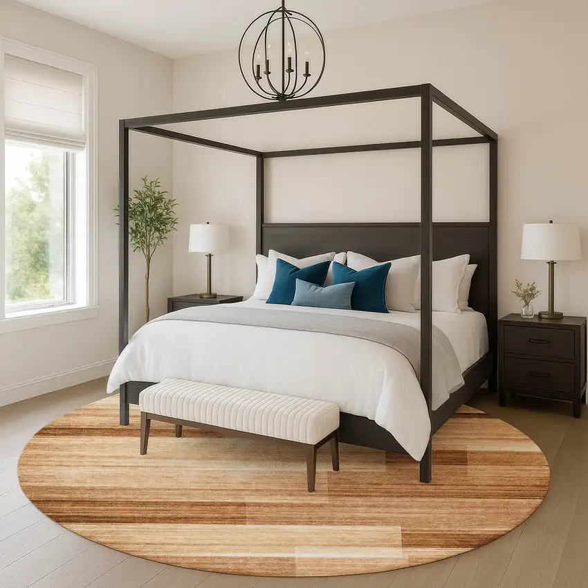 8' Rust And Ivory Striped Washable Round Rug With UV Protection Photo 5