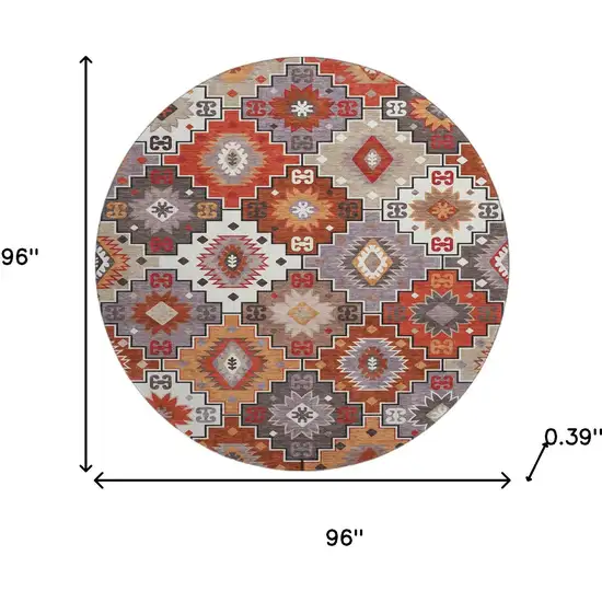 8' Rust And Lavender Geometric Washable Round Rug With UV Protection Photo 8