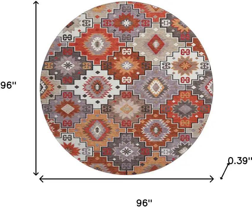 8' Rust And Lavender Geometric Washable Round Rug With UV Protection Photo 8
