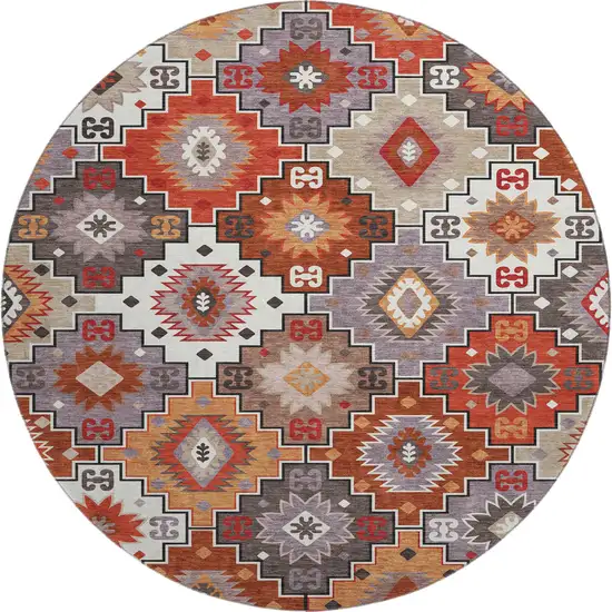 8' Rust And Lavender Geometric Washable Round Rug With UV Protection Photo 1