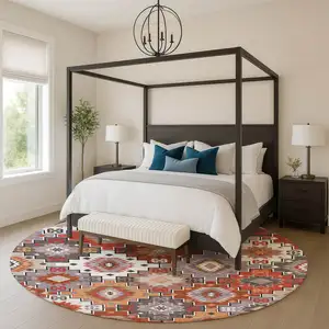 Photo of 8' Rust And Lavender Geometric Washable Round Rug With UV Protection