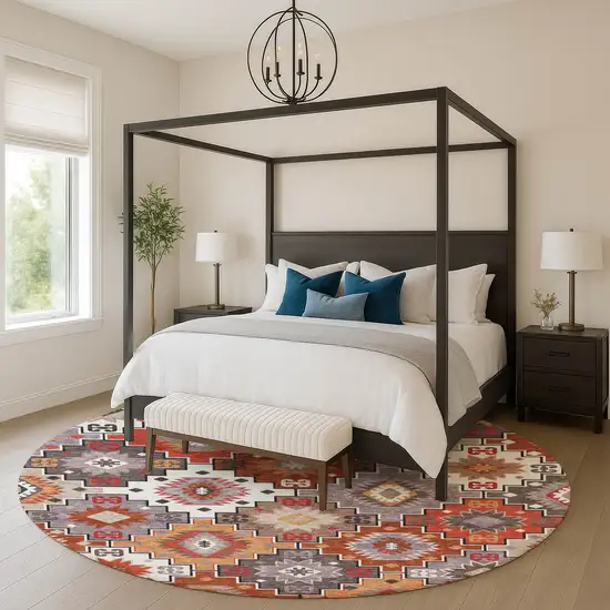 8' Rust And Lavender Geometric Washable Round Rug With UV Protection Photo 5