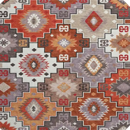 8' Rust And Lavender Geometric Washable Round Rug With UV Protection Photo 3