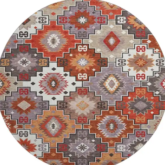 8' Rust And Lavender Geometric Washable Round Rug With UV Protection Photo 4